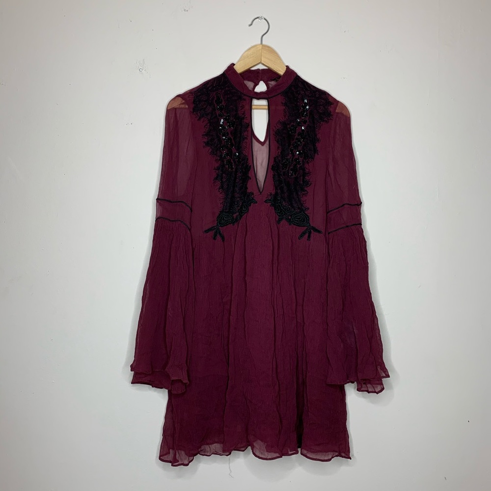Free People Burgundy Long Sleeve Lace-Accent Tunic Dress